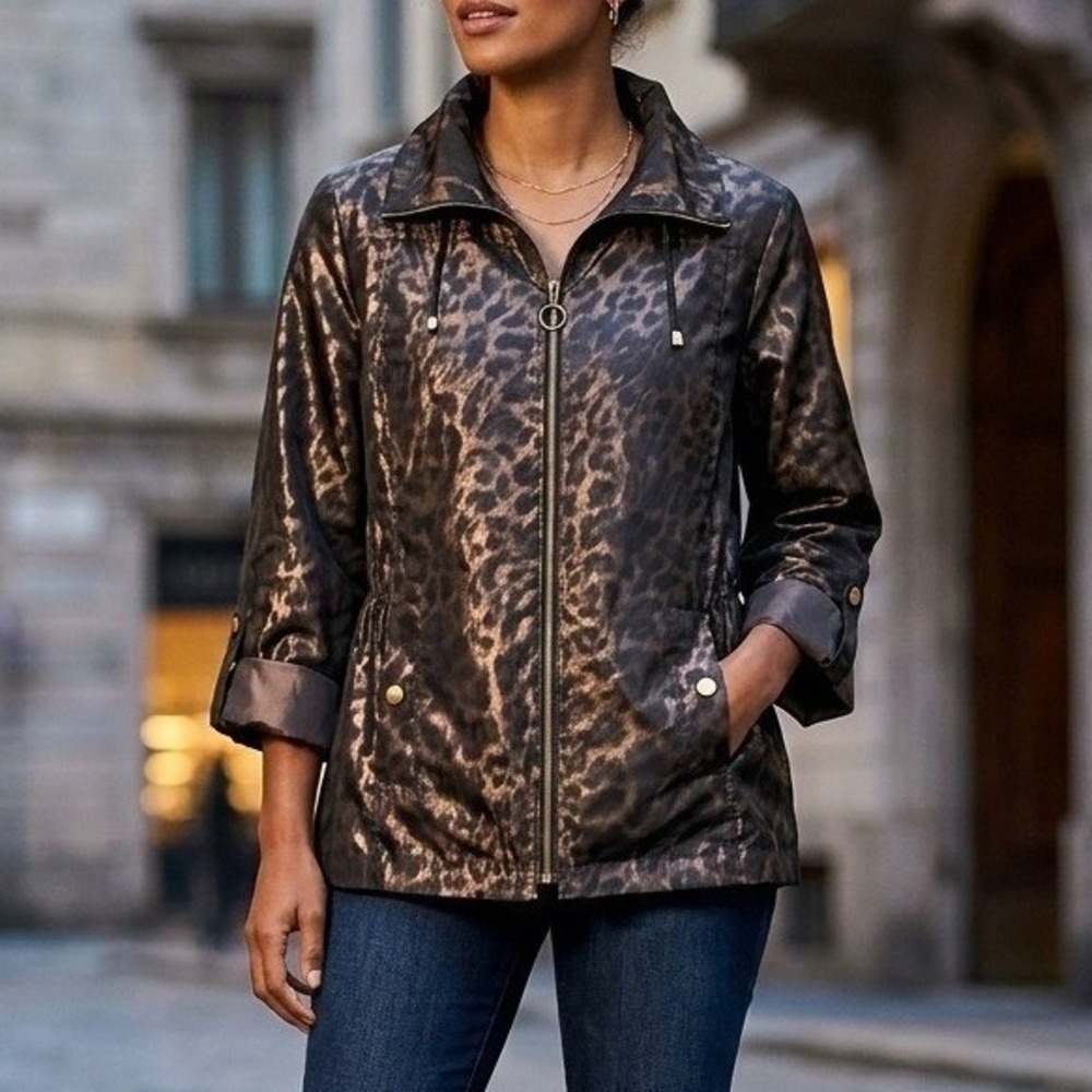 Chico's Animal Print Full Zip 3/4 Sleeve Pocket Brown Whimsy Goth Jacket 2 Large